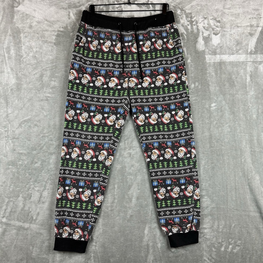 Seven Oaks Pajama Jogger Men's L Black All Over Santa Christmas Print